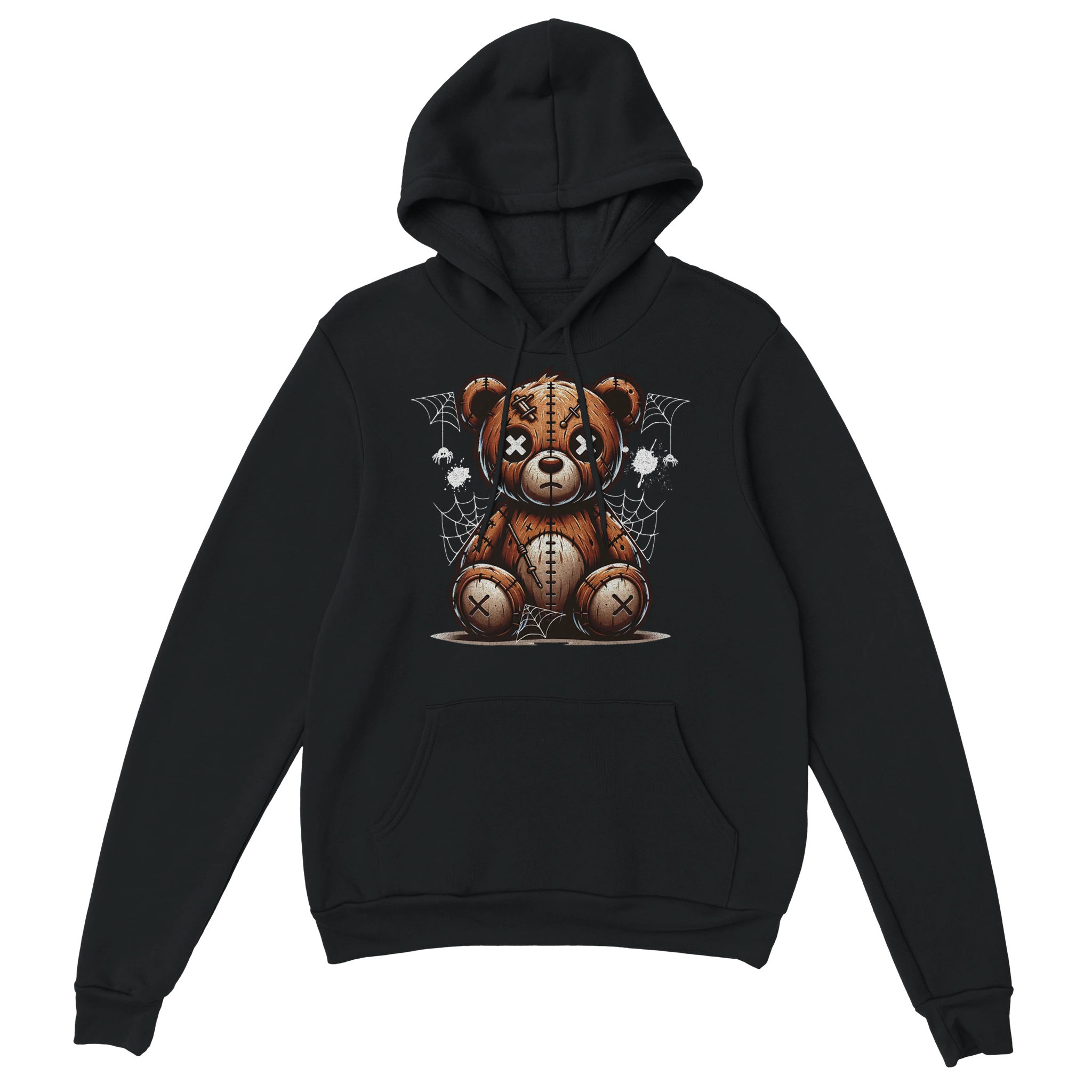 Black men's stressed teddy bear hoodie with stitched patches and spider webs.