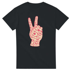 Black women's T-shirt featuring a pink peace-sign hand graphic formed by typographic words.