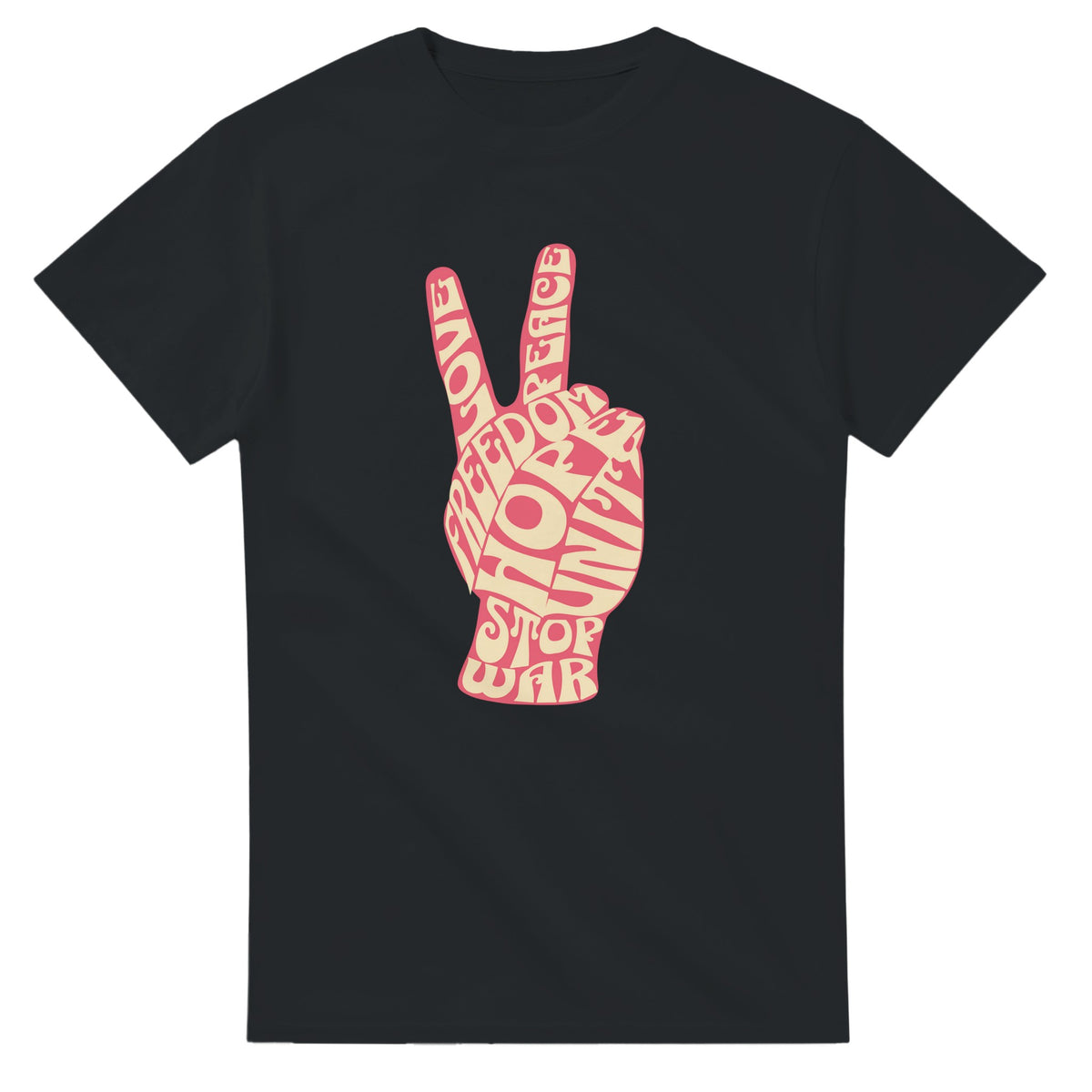 Black women's T-shirt featuring a pink peace-sign hand graphic formed by typographic words.