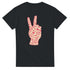 Black women's T-shirt featuring a pink peace-sign hand graphic formed by typographic words.