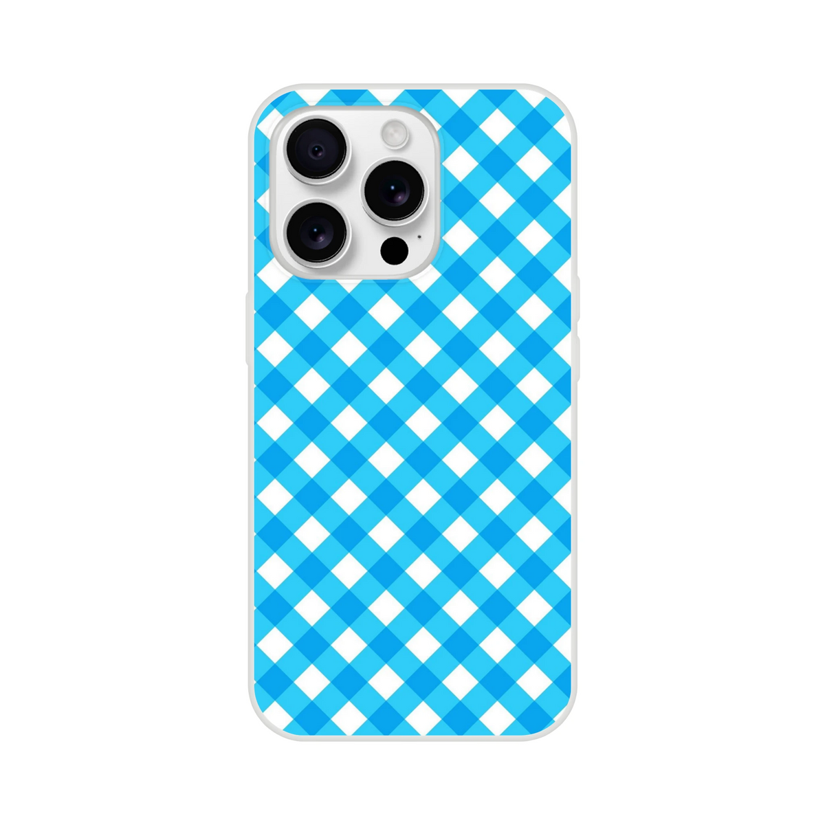 Blue gingham iPhone case (13-16) with a bold checkered preppy aesthetic.