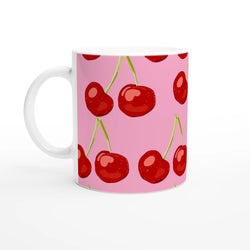 Cute Cherry Mug in pink coquette aesthetic with red cherry pattern.