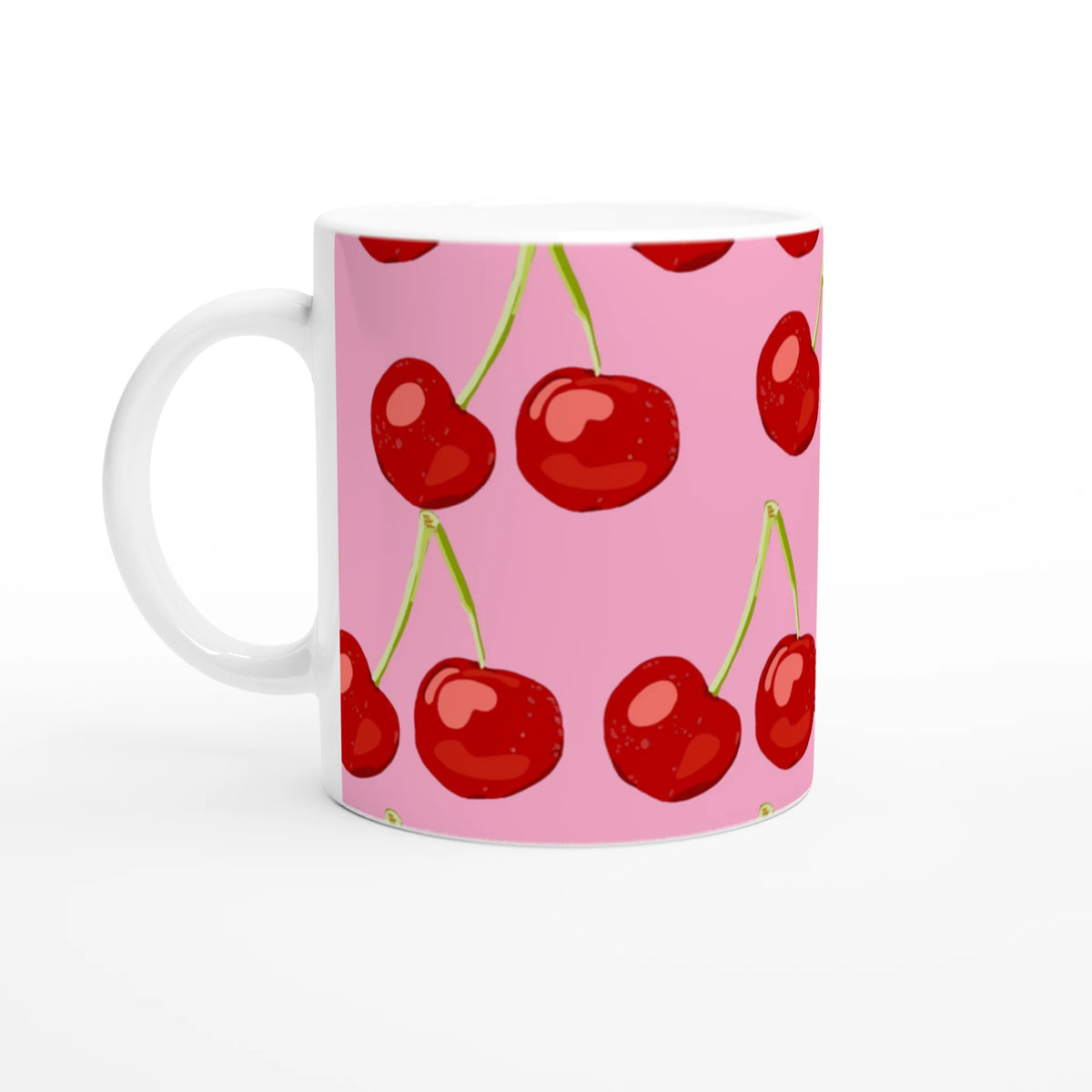 Cute Cherry Mug in pink coquette aesthetic with red cherry pattern.