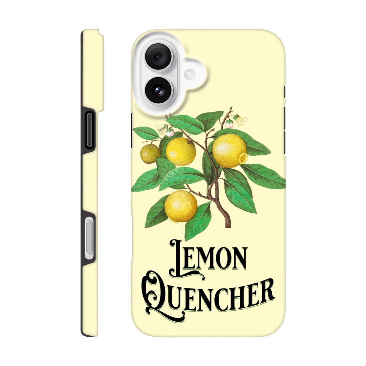 Vintage lemon tough iPhone case featuring retro botanical lemon branch illustration and "Lemon Quencher" typography on cream background.