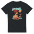 Black T-shirt with retro pin-up woman in a red polka-dot bikini sipping a cocktail, teal ALOHA lettering.