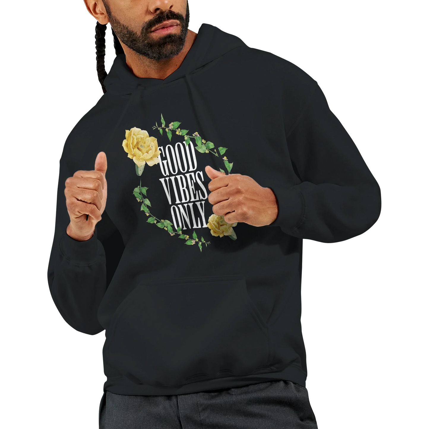 Man in a black 50/50 cotton-poly hoodie featuring a floral circle with Good Vibes Only.