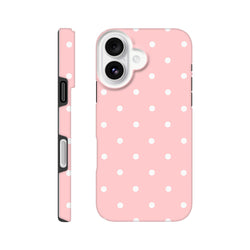 Pastel pink tough iPhone case with white polka dots, featuring shock-absorbing TPU and dual-layer protection for drop resistance.