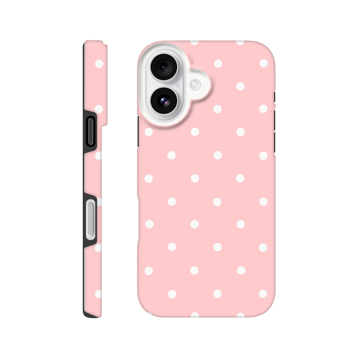 Pastel pink tough iPhone case with white polka dots, featuring shock-absorbing TPU and dual-layer protection for drop resistance.