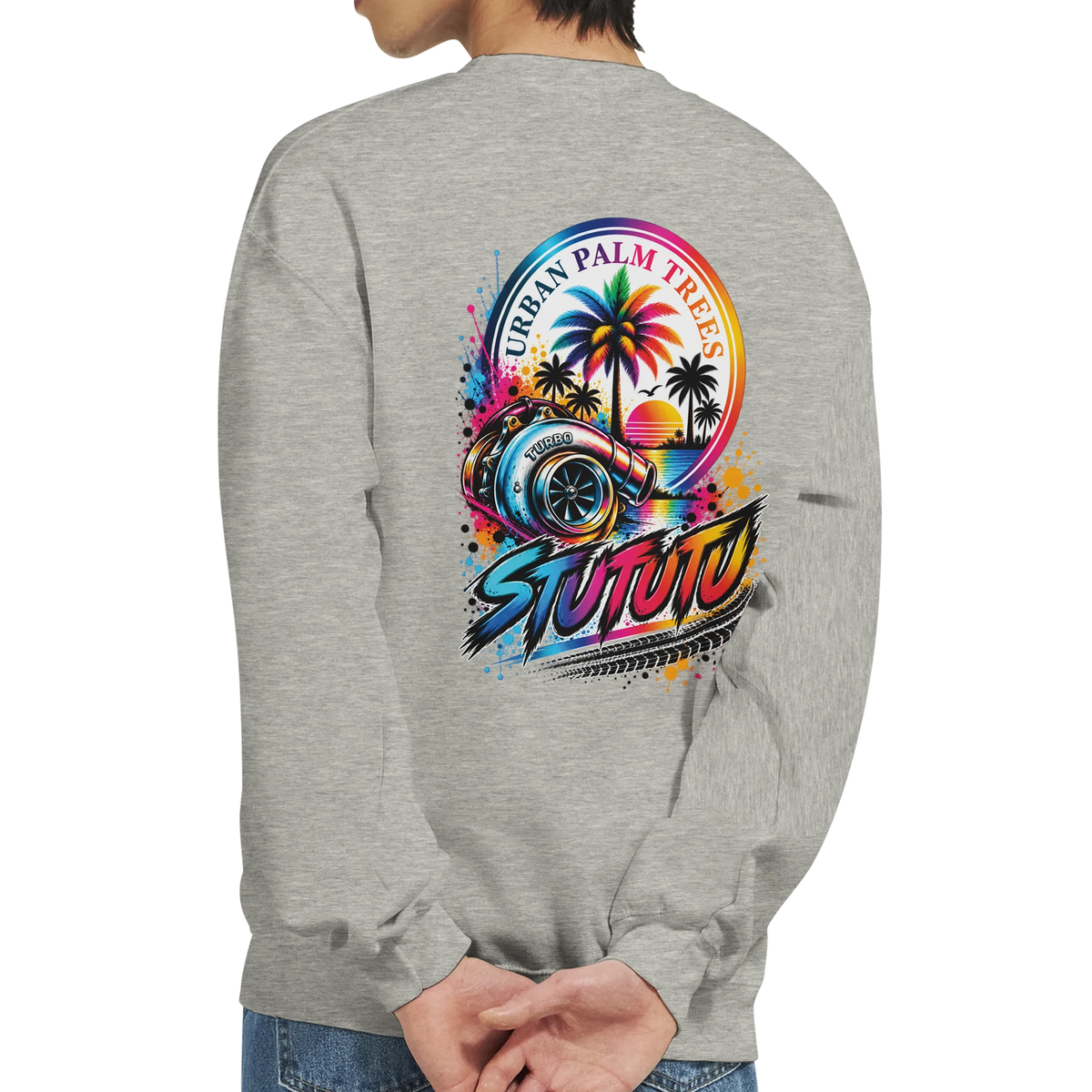 Gray crewneck sweatshirt featuring a vibrant back graphic with a turbocharger, palm trees, sunset, and "STUTUTU" text for modified car culture.