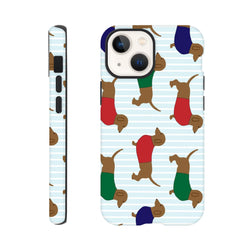 Cute Dachshund tough iPhone case featuring sausage dogs in red, green, and blue sweaters on a light blue striped background.