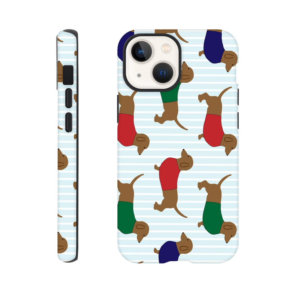 Cute Dachshund tough iPhone case featuring sausage dogs in red, green, and blue sweaters on a light blue striped background.