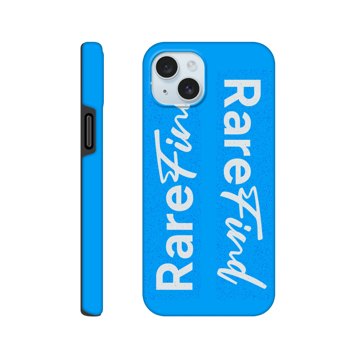 Rare Find blue tough iPhone case featuring bold white vertical slogan text in block and script fonts for streetwear style.