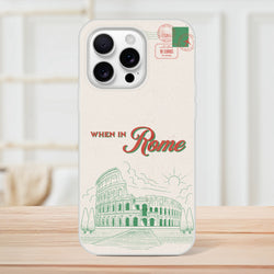 Vintage postcard iPhone case (13–16) with Rome holiday design, cream background and retro stamps.