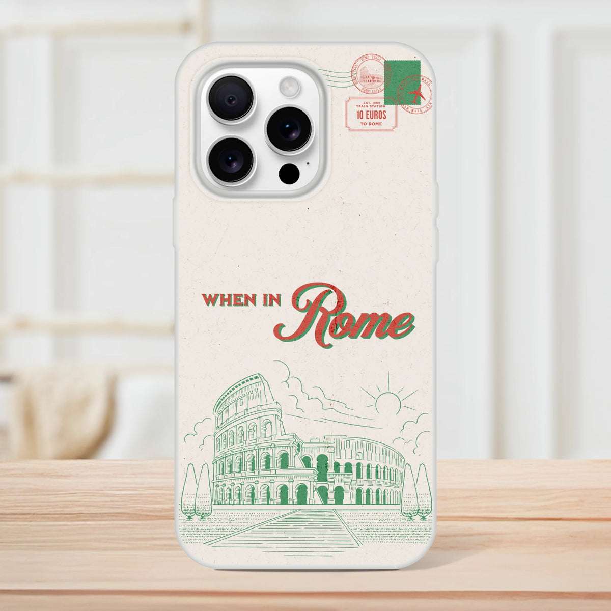 Vintage postcard iPhone case (13–16) with Rome holiday design, cream background and retro stamps.