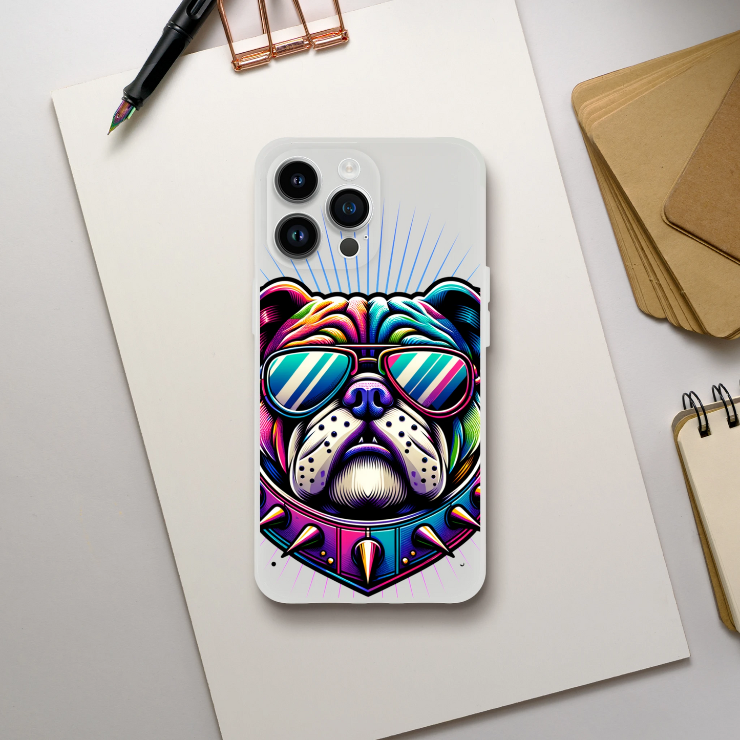 Colorful bulldog design phone case with rainbow sunglasses on a transparent slim protective cover for iPhone 13–16