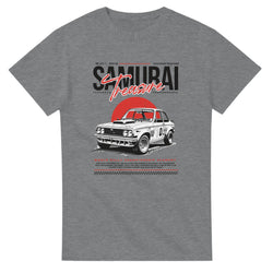 Japanese JDM men's graphic T-shirt in heather grey soft cotton blend, sizes S–XL, retro rally car with red sun.