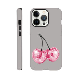 Grey iPhone case featuring pink glitter disco ball cherry design with tough protection for iPhone 13 through 16 models.