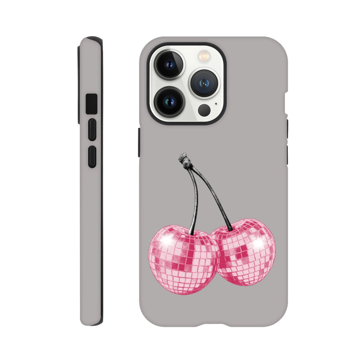 Grey iPhone case featuring pink glitter disco ball cherry design with tough protection for iPhone 13 through 16 models.