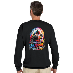 Back view of black Redline Car sweatshirt featuring colorful urban palm trees, tachometer graphic, and bold "REDLINE" text for petrolheads.