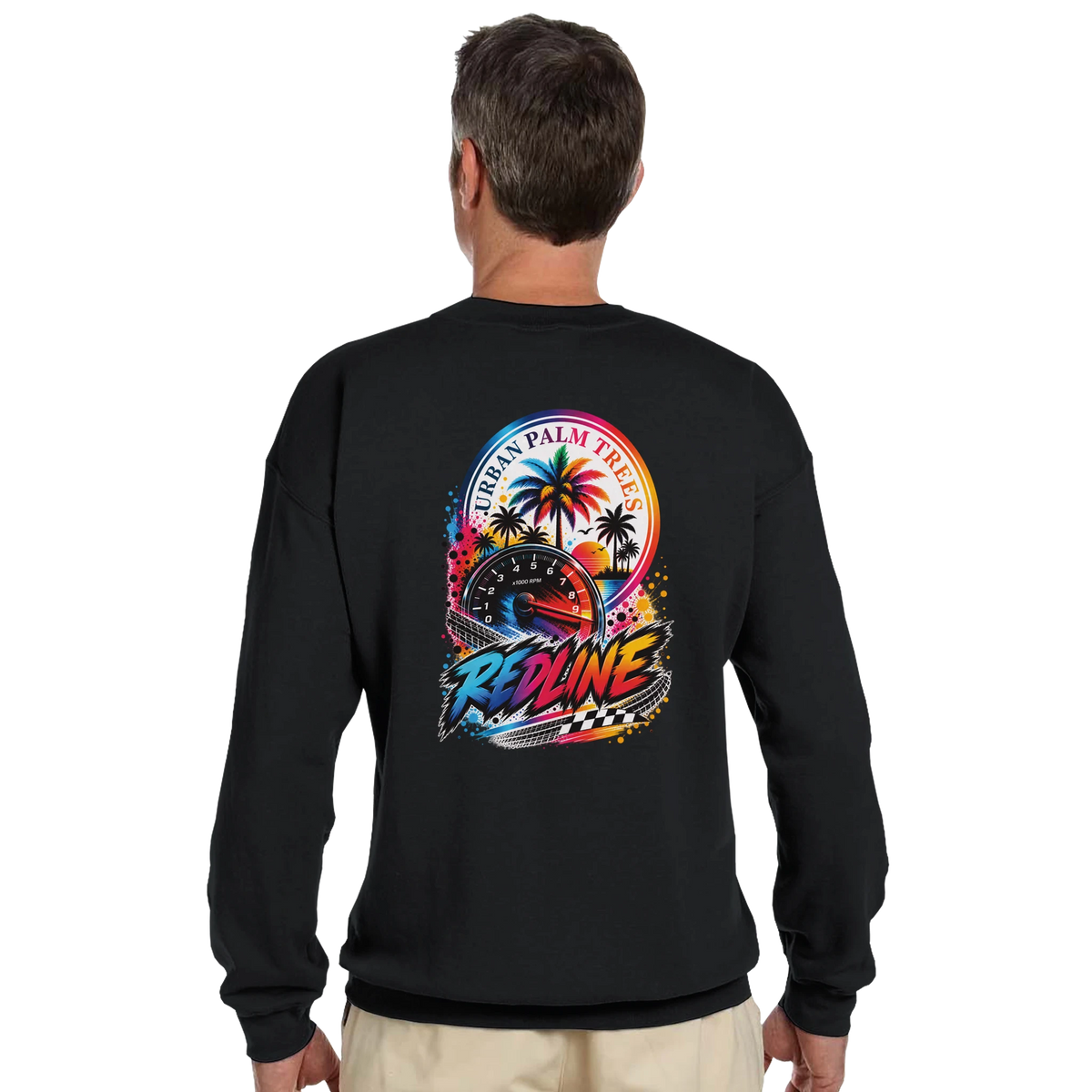 Back view of black Redline Car sweatshirt featuring colorful urban palm trees, tachometer graphic, and bold "REDLINE" text for petrolheads.