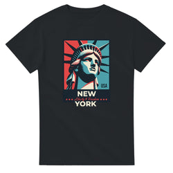 Black men's T-shirt with Statue of Liberty in red-blue panels and NEW YORK USA text.