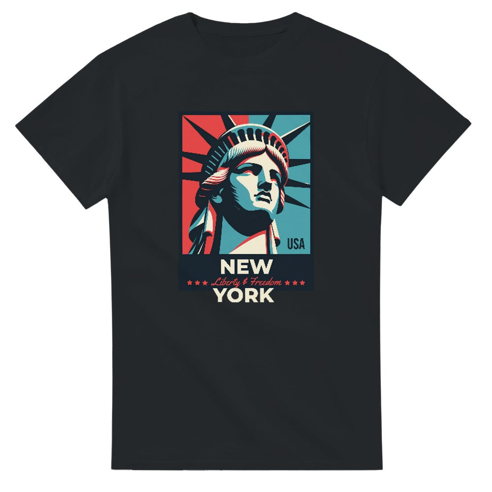 Black men's T-shirt with Statue of Liberty in red-blue panels and NEW YORK USA text.