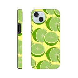 Green lime tough iPhone case featuring fresh citrus slices and juice drips on a yellow background. Durable streetwear phone cover for daily impact protection.
