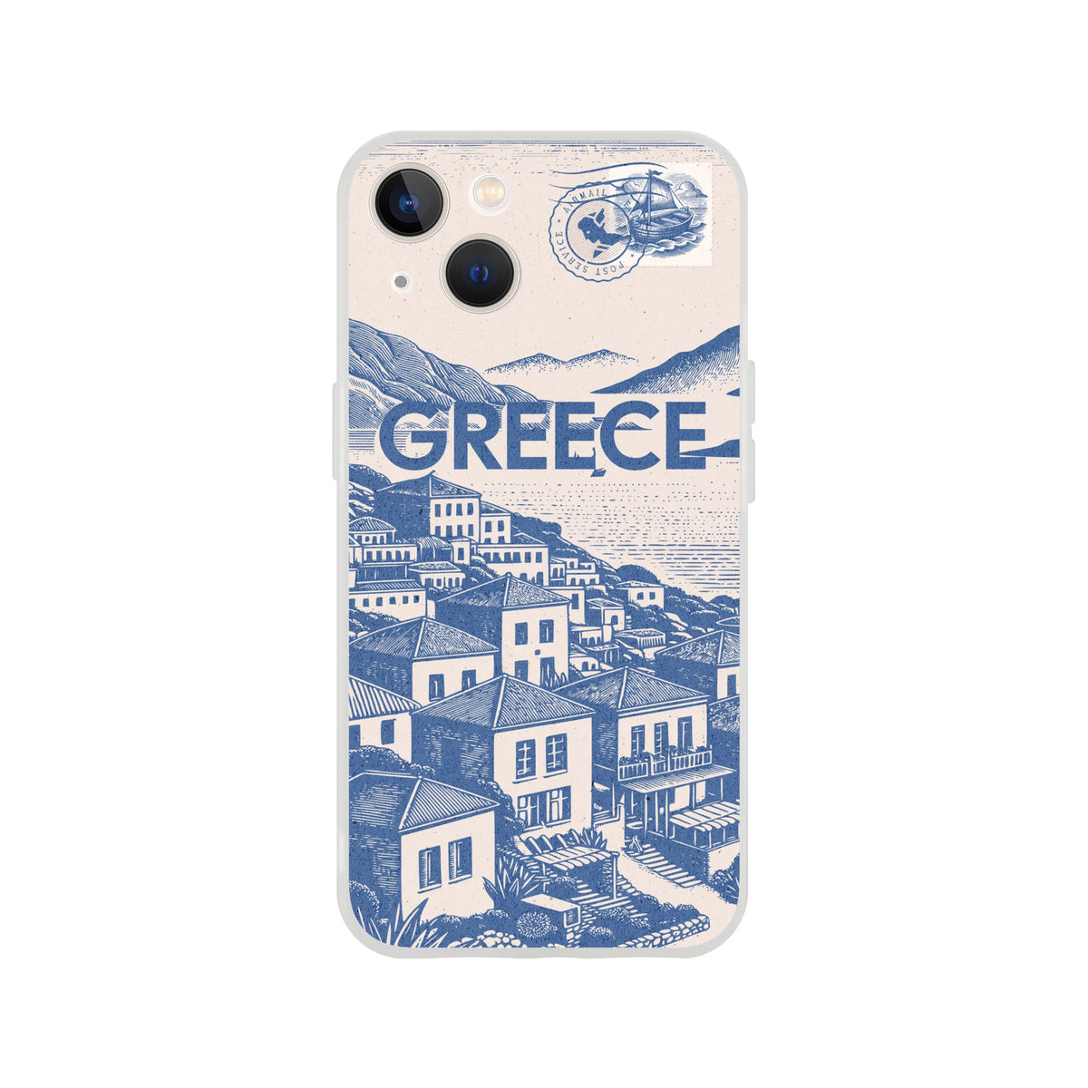 Vintage postcard Greece Holiday iPhone case for iPhone 13-16, blue engraving townscape and stamp design