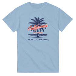 California Women's Graphic T‑Shirt in light blue with palm tree, "California" script, Los Angeles, and Tropical State of Mind.