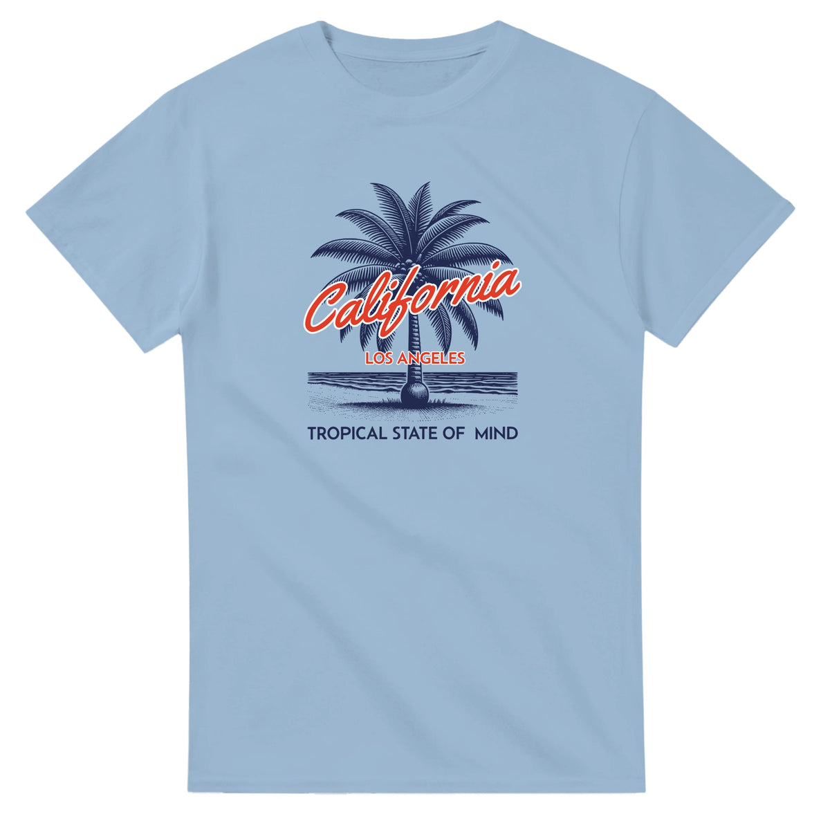 California Women's Graphic T‑Shirt in light blue with palm tree, "California" script, Los Angeles, and Tropical State of Mind.