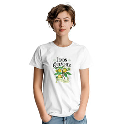 White women's graphic T-shirt featuring a lemon branch illustration and "Lemon Quencher" label.