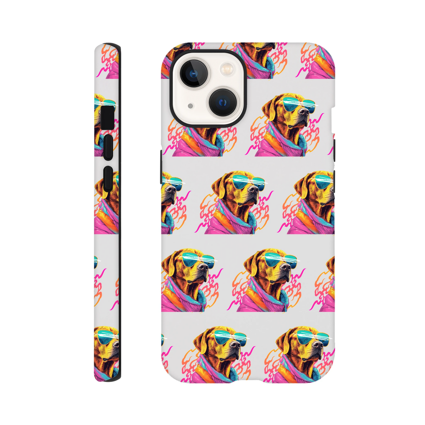 Colorful dog wearing sunglasses on a glossy dual-layer wraparound phone case for iPhone 16, 15, 14, 13