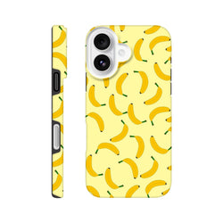 Playful yellow banana pattern iPhone case providing tough protection and cute fruit style for busy days.