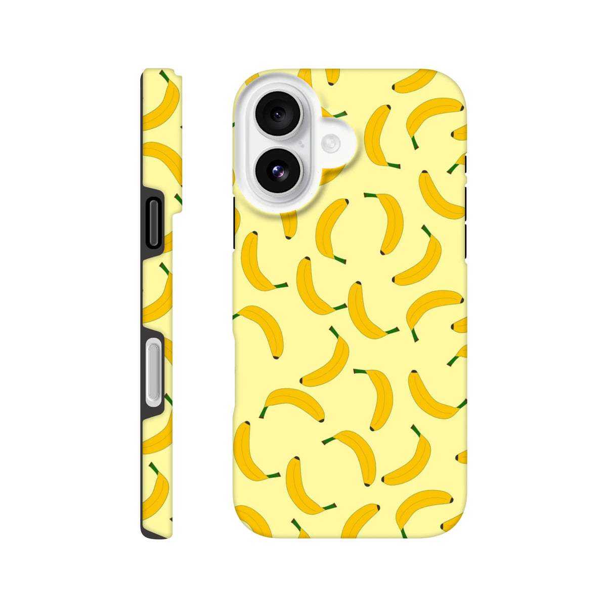 Playful yellow banana pattern iPhone case providing tough protection and cute fruit style for busy days.