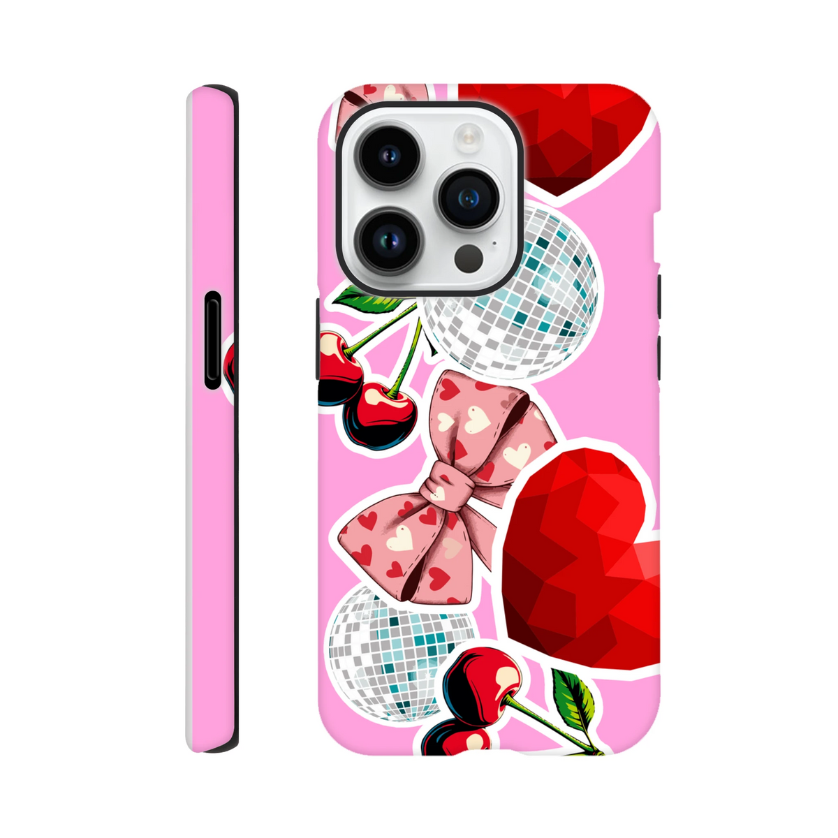 Pink iPhone case with cherry bow sticker art, disco balls, and red hearts. Y2K style tough cover for city commutes and durable protection.