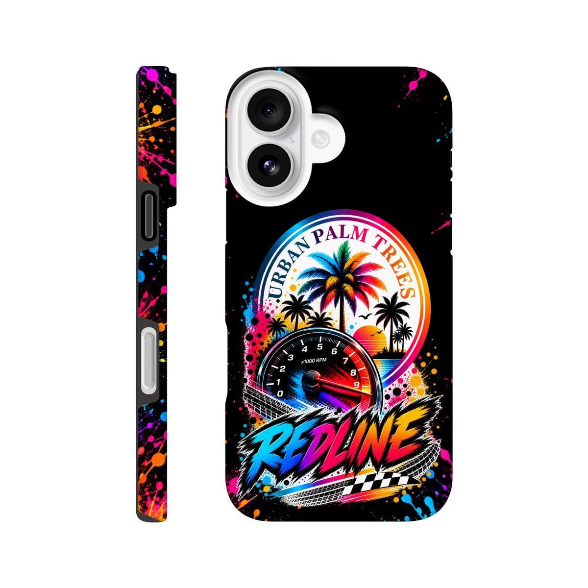 Black iPhone case with colorful Urban Palm Trees speedometer art, paint splatters, and Redline text for modified car culture.
