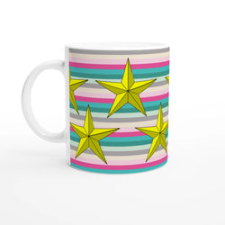 Pastel Stripe Gold Star Mug with bright yellow stars, a cute aesthetic coffee cup.