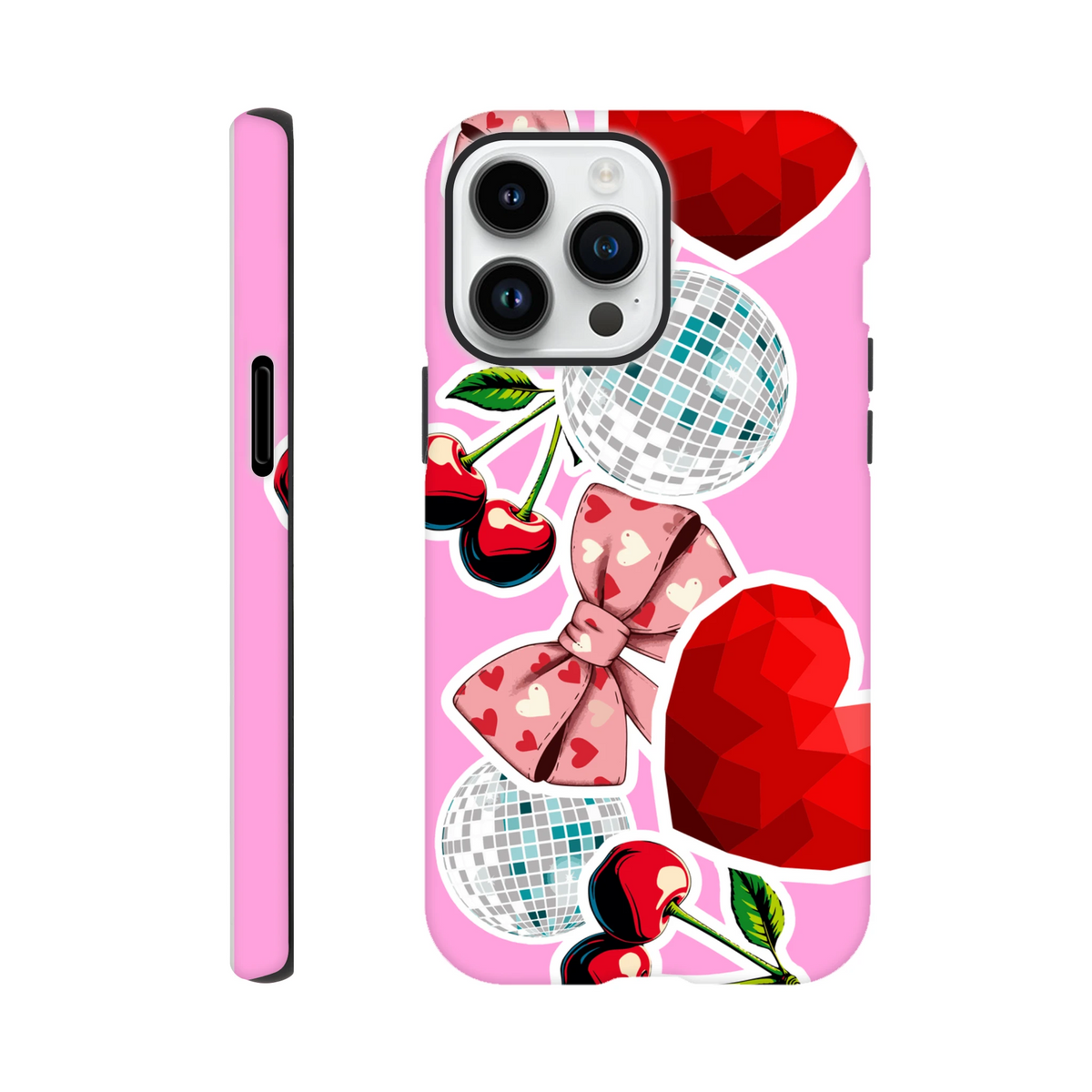 Pink iPhone case featuring sticker-effect cherries, heart bow, disco balls, and red gem graphics for Y2K style protection.