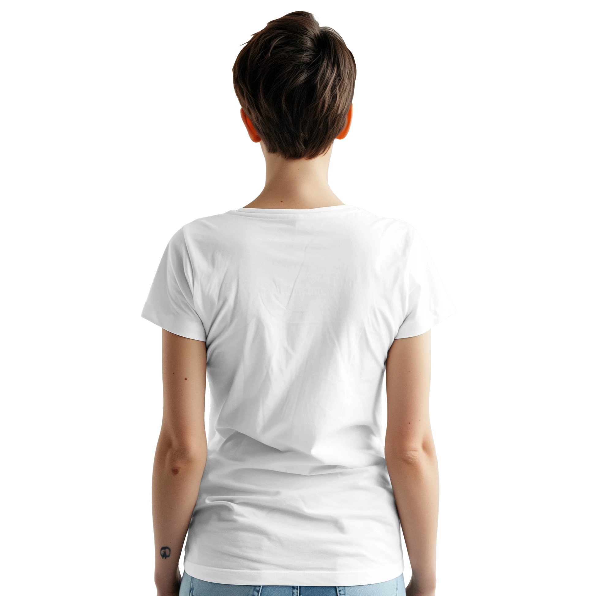 Back view of a woman wearing a white Bull Dog T-Shirt Women's Graphic Tee in a soft cotton blend.
