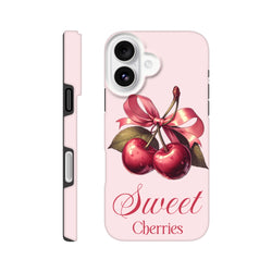 Pink iPhone case featuring vintage red cherries tied with a ribbon bow and Sweet Cherries script text.