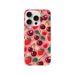 Retro cherry and strawberry pattern iPhone case on pink background. Shock-absorbing TPU cover for iPhone 13-16 with sparkles and fruit design.