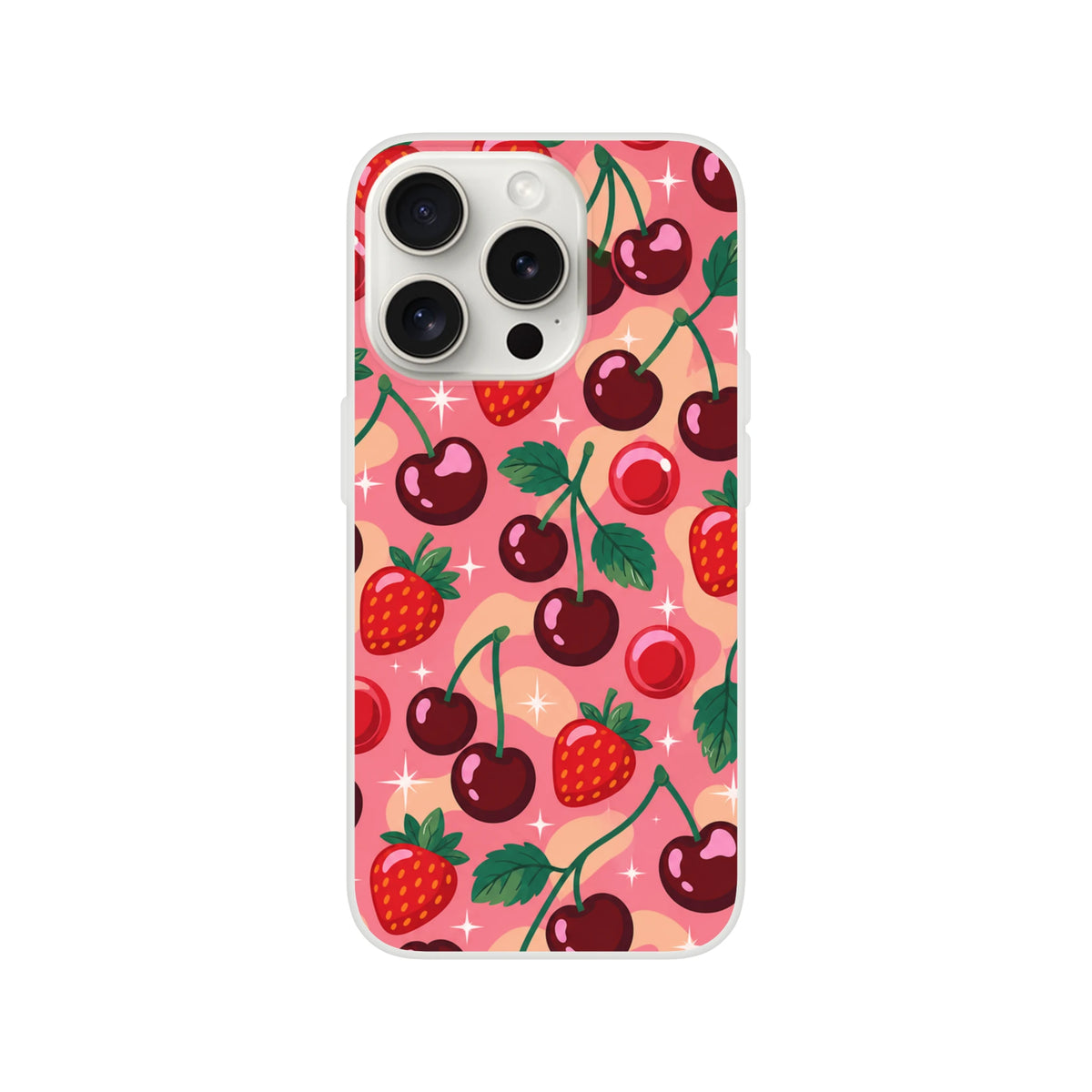 Retro cherry and strawberry pattern iPhone case on pink background. Shock-absorbing TPU cover for iPhone 13-16 with sparkles and fruit design.