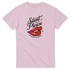 Pink women's soft cotton-blend graphic T-shirt with red lips and Silent Please lettering.
