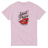 Pink women's soft cotton-blend graphic T-shirt with red lips and Silent Please lettering.