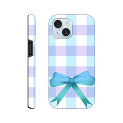 Blue and lavender gingham iPhone case featuring a large teal bow. Cute coquette tough phone cover for streetwear style.