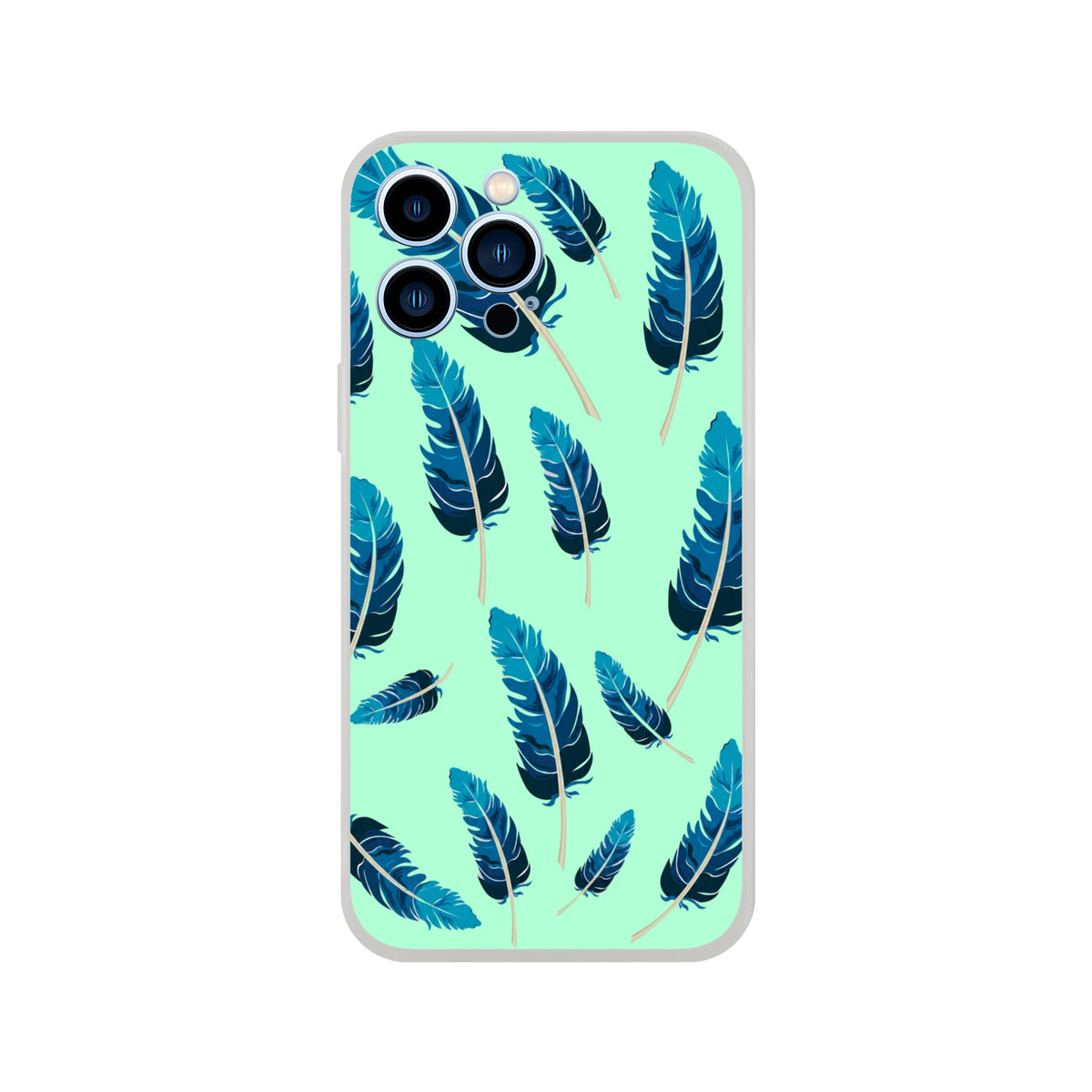 Blue feather pattern on mint-green iPhone case for iPhone 13-16, matte finish.