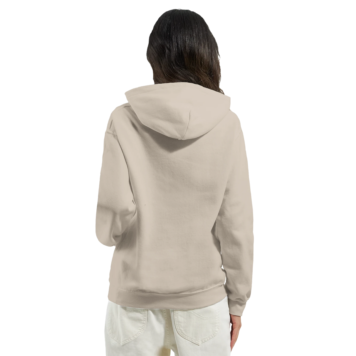 Back view of a woman wearing a beige Retro Cassette Tape Hoodie for Women – Vintage 90s Music graphic Pullover.