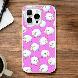Pink iPhone case (13-16) with cute sheep motif in kawaii farm style.