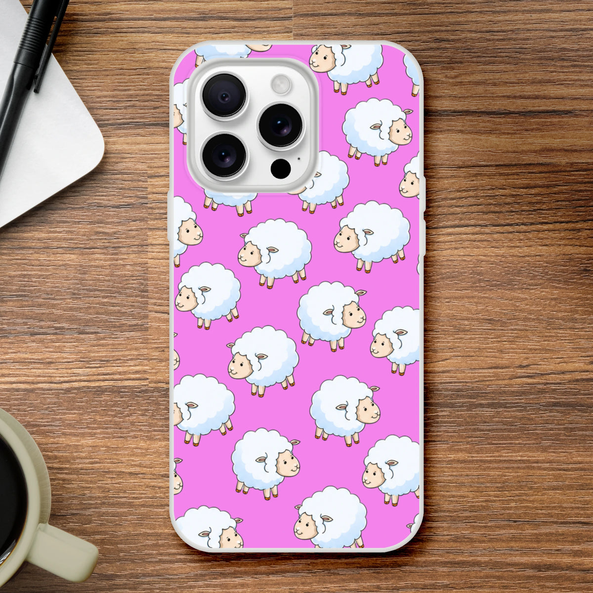 Pink iPhone case (13-16) with cute sheep motif in kawaii farm style.