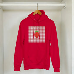 Red vintage hoodie featuring a retro strawberry graphic on a gingham square, blending nostalgia with urban style.